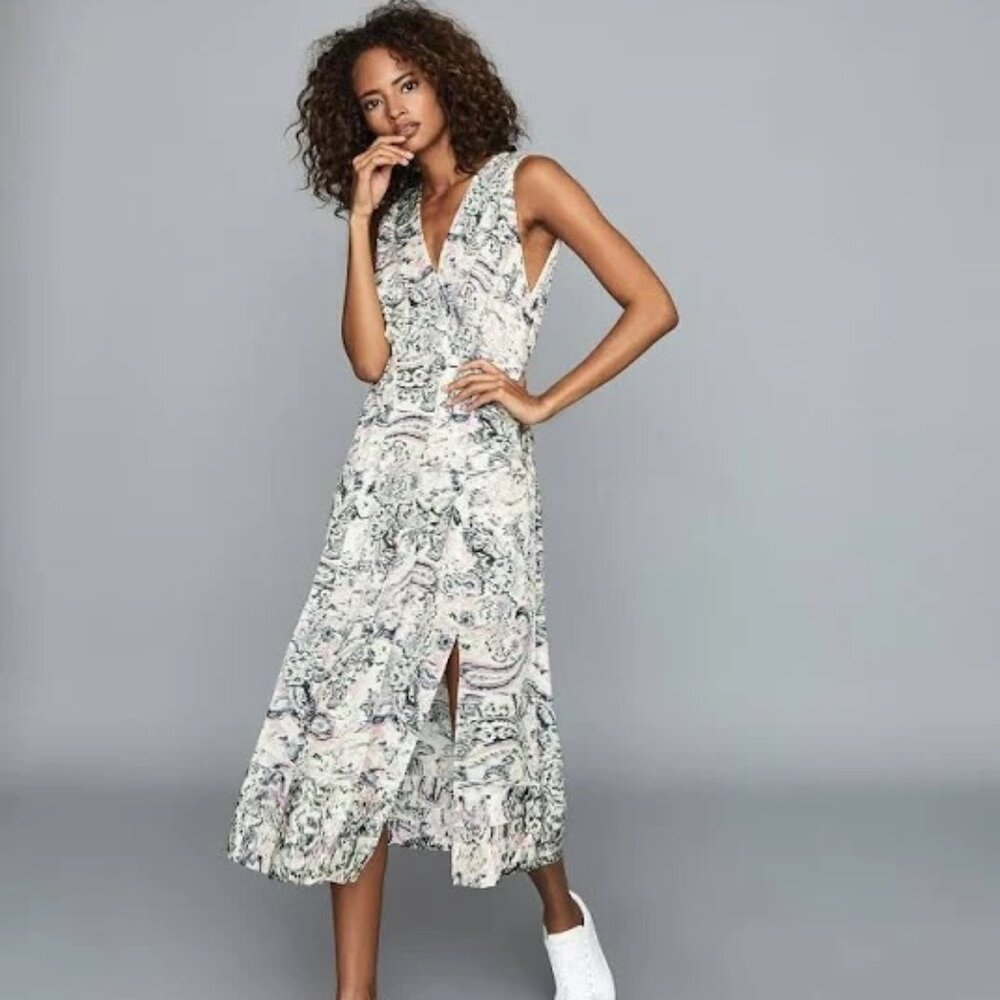 Reiss Marcy - Ladies Green, Pink and White Printed Midi Dress